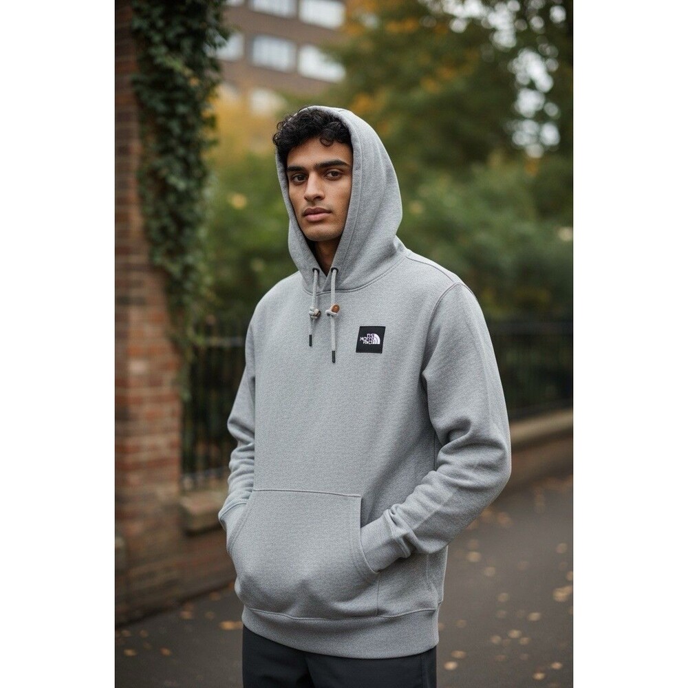Men's Gray North Face Hoodie Large Cotton Blend Drawstring Pull over Outdoor Fit